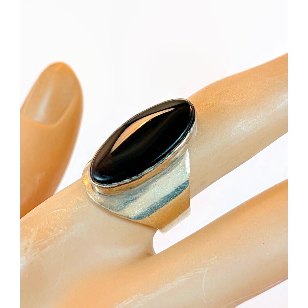 Black Onyx Ring, Sterling Silver, Vintage, Taxco, Mexico, Black Stone, Modern
